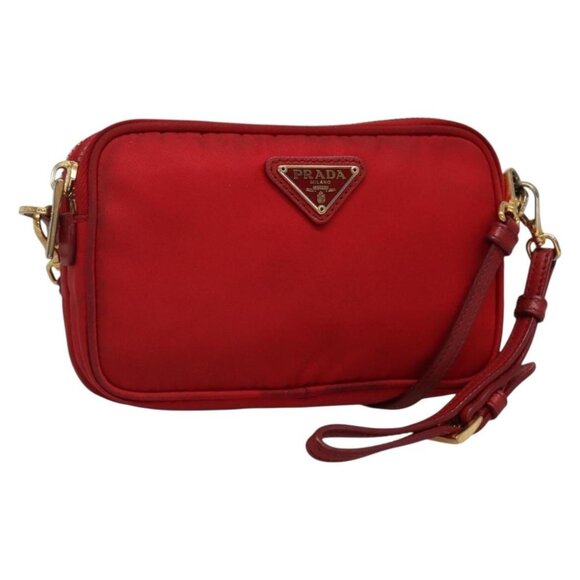 PRADA Shoulder Bag Nylon Red Gold Auth 136649 - Picture 1 of 16